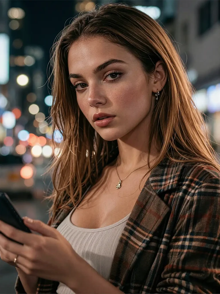 Fictional AI girlfriend character holding a phone under city lights, shown inside the chat session console