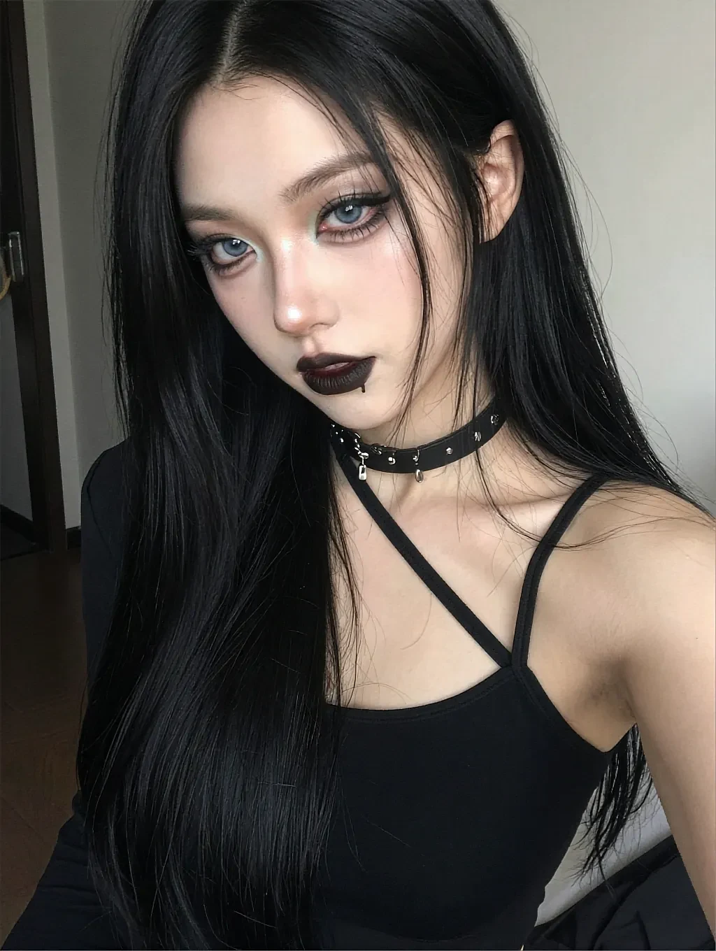 Fictional AI girlfriend character with a session open on a phone in daylight
